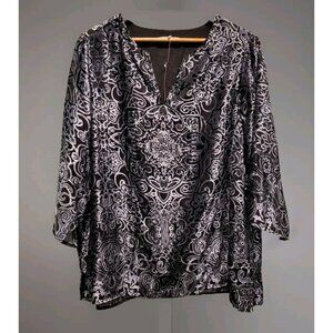 New Violet & Claire Black Gray Burnout Velvet 3/4 Sleeve Top Sz 2X Event